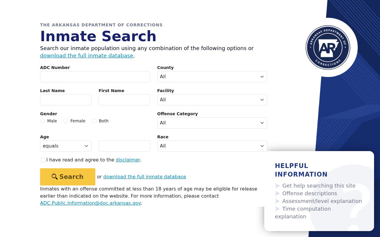 Arkansas Department of Corrections inmate search fields