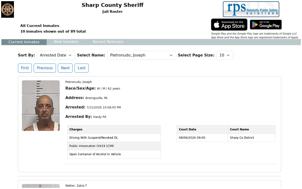 Sharp County Sheriff current inmate roster search controls