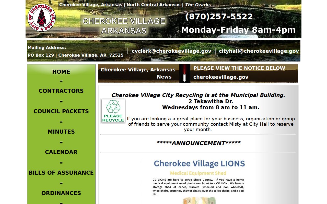 Cherokee Village criminal records city and police contact page