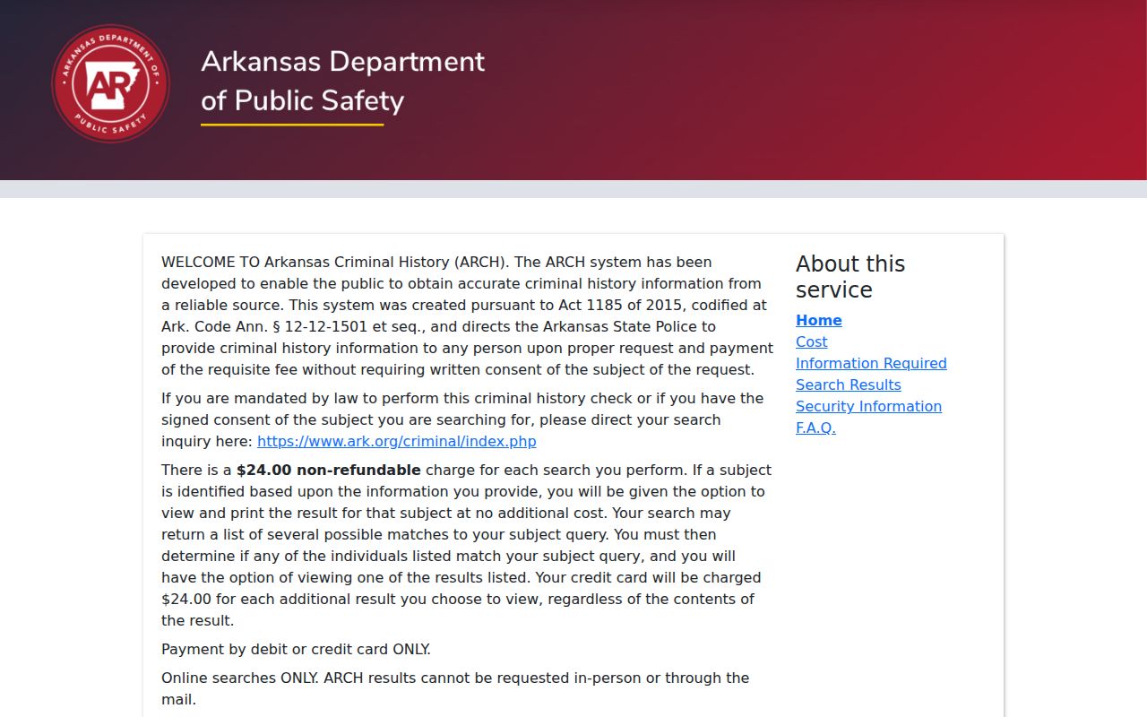 Sharp County criminal history ARCH public search interface